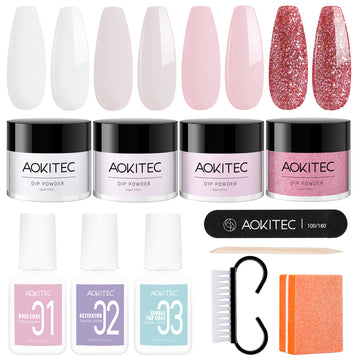 Aokitec  Nail Kit Starter - 4 Colors White Nude Pink Glitter Nail Dip Powder Set